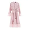 Woman Elegant Pink Lace Turn Down Collar Long Sleeve Flare Knee Length Mesh Dress D0812 210514