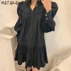 MATAKAWA Französisch schlanke Taille Robe Puffärmel Plissee Minikleider Korean Chic Solid Stand-up Neck Tie Damenkleid mit Gürtel 210513
