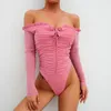 Jumpsuits femininos Maciçais Primavera 2021 Ruched Lace Up Rosa Malha Sexy Bodysuit Ruffles Mulheres Off Shoulgo Manga Longa Top Bodycon Jumpsuit