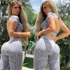 Kliou Seamless Ribbed Casual Two Piece Sets Women Striped Sporty Workout Active Wear Skinny Tracksuit Top And Pants Matching Set Y0625