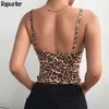 Letnia Moda Lampart Print Pasek Koronki Design Ruffles Sexy Camis Crop Top Kobiety Backless Deep V Neck Tank Tops Party Club 210415