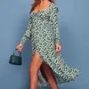 Frankrike grönt tryck vestido vintage split lång klänning mode långärmad kvinna midi klänning avslappnad droppe höst vinter 210415