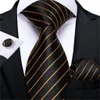 Mens Wedding Tie Gold Black Striped Silk Neck Ties For Men Hanky Cufflinks Set Business Party Gravatas