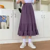 Purple Ruffle Long pleated skirt Summer Women harajuku High waist White Skirts korean Solid Color Fashion A-line skirt 210619