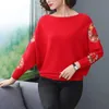 Blomma Broderi Batwing Sleeve O-Neck Fjädertröja Casual Loose Strikked Pullovers Storstorlek Knitwear Toppar Kvinna 210914