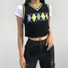 Argyle Plaid Tank Tank Top Damska Streetwear Preppy Style Odzież Stripe Vneck Cropped Knitwear 90. Kamizelka sweter 210518