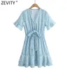 Women Sweet V Neck Beading Floral Print Bow Tie Mini Dress Femme Chic Butterfly Sleeve Casual Slim Ruffles Vestido DS8195 210420