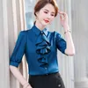 Professional Blue Chiffon Shirt Women Spring Fashion Half Sleeve Temperament Ruffles Blouses Office Ladies Formal Work Tops 210604