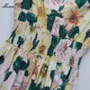 夏の女性のドレスVネック椿の花柄の弾性ウエストコットンドレスファッションデザイナー女性のドレス210524