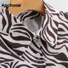Casual Zebra Stripe Print Shirt Women Long Sleeve Ladies Tops Tunic Turn Down Collar Fashion Blouse Autumn Spring Blusas 210413