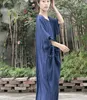 Robes décontractées Plus Taille Grande poche Coton Femmes Solide Bleu Robe 2021 Été Lâche Lin Maxi Robe Femme Batwing Longue