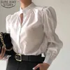 Elegant kontor Lady Korean Chic White Long Women Blouse Fashion Stand Collar Lantern Sleeve Shirt Button Toppar 12715 210417