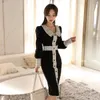 Spring Slim Pencil Black Patchwork Office Women Cloth Full Sleeve Bodycon Knee-Length Single Breasted Work Dress 210506