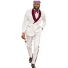 Tuxedos de marié à motif ivoire, châle à revers en velours rouge foncé, costume 2 pièces pour hommes, veste de mariage, pantalon, cravate D209 Men'244d