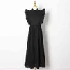 Deuxtwinstyle noir patchwork robe en dentelle pour femme revers manches à volants taille haute élégante robe solide femmes mode 210517