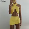 NIBBER Halter Solid Pleated Mini Dress Women Summer Hot Sexy Party Clubwear Drawstring Little Cleavage Bodycon Backless Skirt Y0726