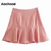 Aachoae Zomer Mode Roze Kleur Rok Shorts Vrouwen Solid Chic Knop Vrouwelijke Ruches Dame Strand Korte Ropa Mujer 210413