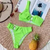 Para Praia One Shoulder Sexy Cut Out Bikini Set Women Ring Bandeau Swimwear Woman Push Up Two Piece Swimsuit Summer 210712