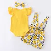 Baby Girl Summer Clothes Set Fashion Born Spädbarn Stickning Bomull Ruffles Romper Shorts Bow Headband 3pcs för småbarns outfits 210816