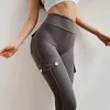 Yoga outfit sfit fitness kvinnor leggings withe ficka fast hög midja skjuta upp polyester träningslastbyxor avslappnad höft