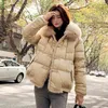 女性のコート90％アヒルダウンジャケット本物のキツネの毛皮のカラーフード付きカジュアルな厚い暖かいボタンweard 210423
