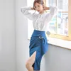 Autumn OL Work wear Women's 2piece Suit Korean White Hollow out Lantern Sleeve Shirt Blouse and Split Sheath pencil Skirt 210529