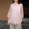 Johnature Kadınlar Çin Tarzı Düğme Gömlek ve Tops Nakış Çiçek Vintage Rami Bahar Bluzlar O-Boyun Yedi Kollu Gömlek 210521