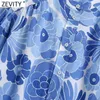 Zevity女性ヴィンテージスタンドカラーブルー花柄プリントブラウス女性長袖シック着物のシャツ特大Blusas Tops LS9334 210603