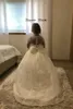 Adorabile abito da ballo bianco Abiti da ragazza di fiori Principessa maniche lunghe trasparenti Appliques Gioiello Collo Abiti da festa di compleanno per bambini