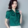 Koreaanse zijde vrouwen blouses shirt satijnen tops vrouw effen boog dame top plus size blusas femininas elegante 210427