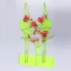 Roupa íntima feminina bordada sexy para o verão transparente trajes eróticos sutiã e tanga Lingerie sensual 4 peças terno com aro exótico Q0325S