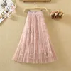 Elegant broderad mesh kjol Emale Spring Long Fairy Skirt Elastic Wasit A ​​Line Flower Women Pleated Skirt Party Streetwear 210619