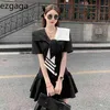 Ezgaga elegante contraste bandagem vestido mulheres moda verão marinheiro colar estilo formal losoe coreano chique listrado senhoras 210430