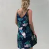 Sexy femmes Vestidos feuille imprimer col en V dos nu vacances d'été Boho plage Spaghetti sangle sans manches Slip robe 210416