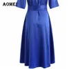 Femme robe demi manches bleu dames une ligne taille haute avec ceintures col en V robes décontractées couleur unie printemps été mode 210416