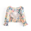 Mode Causal Floral Print Dames Crop Tops Sexy Stijl Chic Puff Sleeve Diepe V-hals Backless Summer Short Blouses 210508