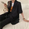 Lato Biuro Koreański Blazer Garnitury Stroje Kobiety Krótki Rękaw + Szerokie spodnie nóg Zestawy Casual Fashion Solid 2 szt 210518