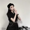 Harajuku Women Gothic Chains Streetwear Black Fashion Robed Solid Belt Sexy Mini Dresses Vestidos 17407 210415