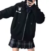 Ulzzang Tiki Tarzı Cep Hoodie Karikatür Baskı Kadınlar Sevimli Giyim Harajuku Kawaii Pembe Kazak Kadın Anime Zip-up Hoodies 211108