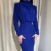 Women Basic & Casual Dresses Stand Collar Slim-fit Elegant Waist with belt Solid Blue Ankle Length Autumn Long Sleeve Casual Party Dresses Lady's Fashion Dress