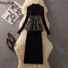 Work Dresses Neploe Fashion 3 Piece Set Women Slim Pullover Stops Woolen Plaid Vest High Waist Bodycon Skirt Korean Knit Suit Femme Roupas