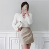 White Furry Knitted Korean Short Pullover Sweater Women Long Sleeve O-neck Gold Chain Sexy Ladies Tops Jumpers Femme 210513