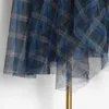 Vintage plaid patchwork mesh kjolar för kvinnor hög midja knapp träff färg kjol kvinnlig höst mode 210520