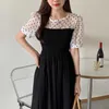 Korejpaa Women Dress Summer Korean Chic French Sweet Round Neck Wavelet Dot Stitching Waist Puff Sleeve Mid-Length Vestidos 210526