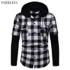 Fake Two Pieces Black Plaid Hoodie Shirt Men Slim Fit Long Sleeve Check Mens Hooded Shirts Casual Patchwork Shirt with Pockets 210522