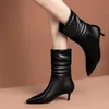 Bottes mi-mollet femmes chaussures plissées en cuir véritable talon haut dame bout pointu talons aiguilles court hiver noir 210517