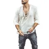 Men's T-Shirts Fashion Hippie Linen Shirt Casual Middle Sleeve V Neck Summer Beach Loose Tee Tops Solid Color T Shirts 2022