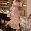 Casual Dresses Pink Lace Embroidery Maxi Dress Female Autumn Winter Full Sleeve High Waist Ruffle Elegant Long Party Woman