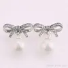 Klassisk stil 925 Sterling Silver Bowknot Natural Pearls Pendant Earring Originalbox för Pandora Dangle Örhängen för kvinnor
