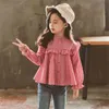 Bahar Gömlek Kız Karikatür Ekose Fırfır Pileli Çocuklar Bluz Sonbahar Sevimli Kız Giysileri için 6 8 10 12 14 210331